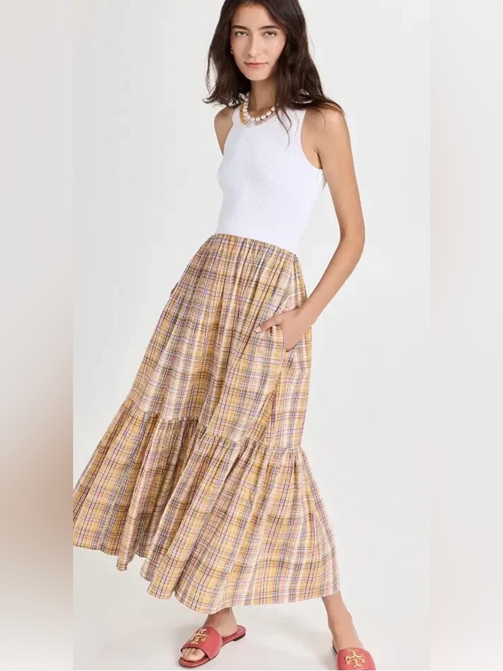 Tanya Taylor Camilla Plaid Combo Cut-Out Midi Dress Small